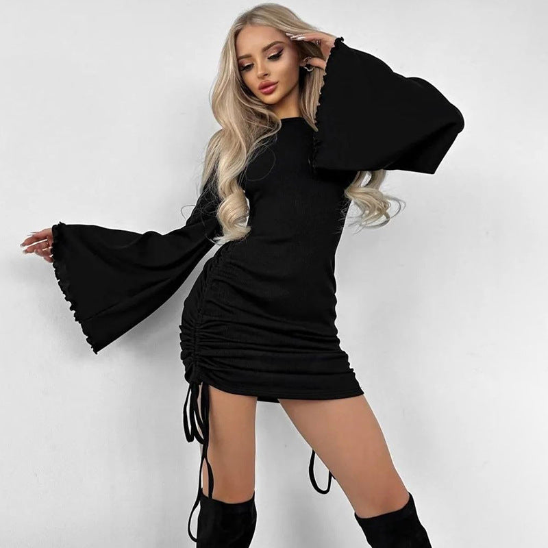 Women Solid Bell Bottom Sleeve Dress 9