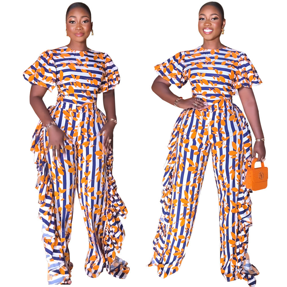 Chic Puff Sleeve Elegant Ruffled High Waist Overalls Straight Leg Trousers Women's Jumpsuit 3