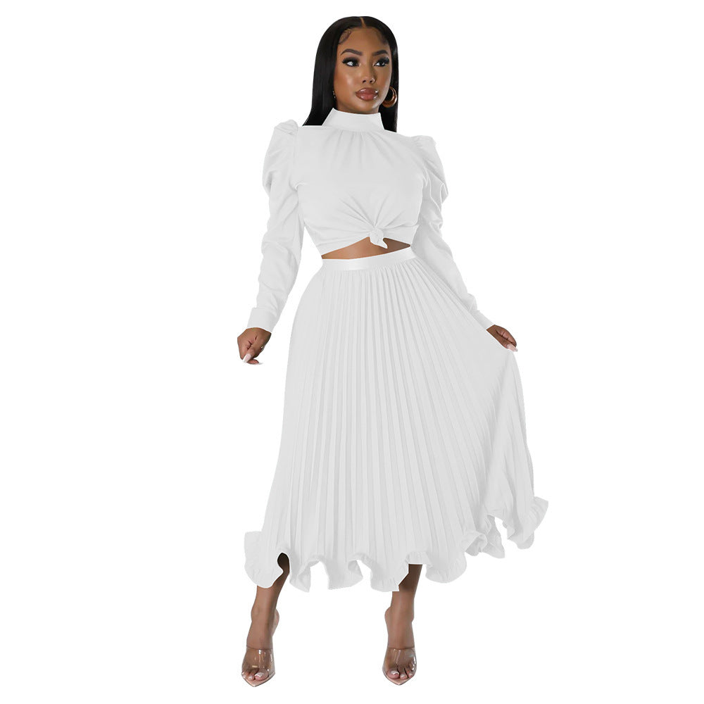 Women's Winter Puff Sleeve Top Ruffled Pleated Skirt Two-Piece Suit 15