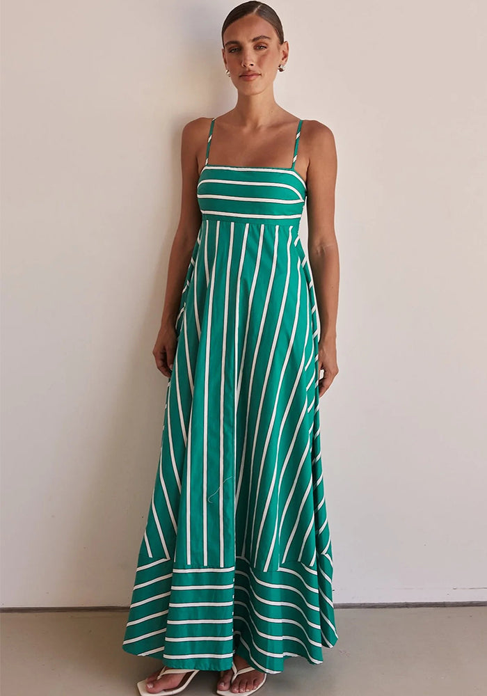 Fashionable Striped Strap High Waist A-Line Long Dress