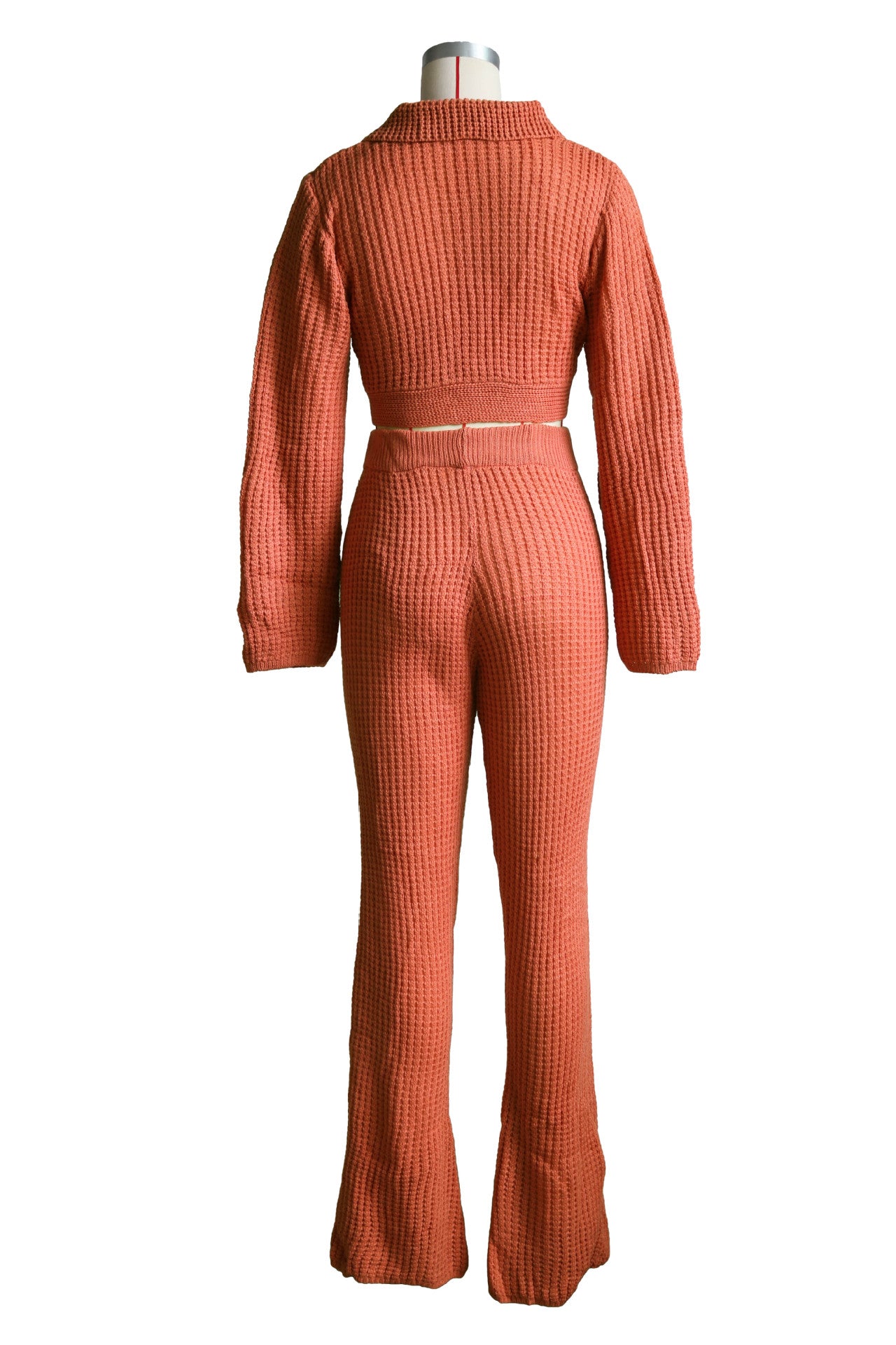 Women's Fashion Casual Bell Bottom Solid Color Knitting Tied Sweater Pants Two Piece Set 14