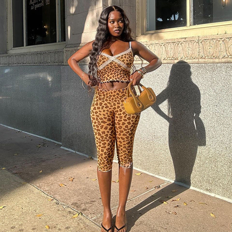 Women Spring and Summer Leopard lace Suspender Wave Edge Top and Knee-Length Shorts Two Piece Set 4