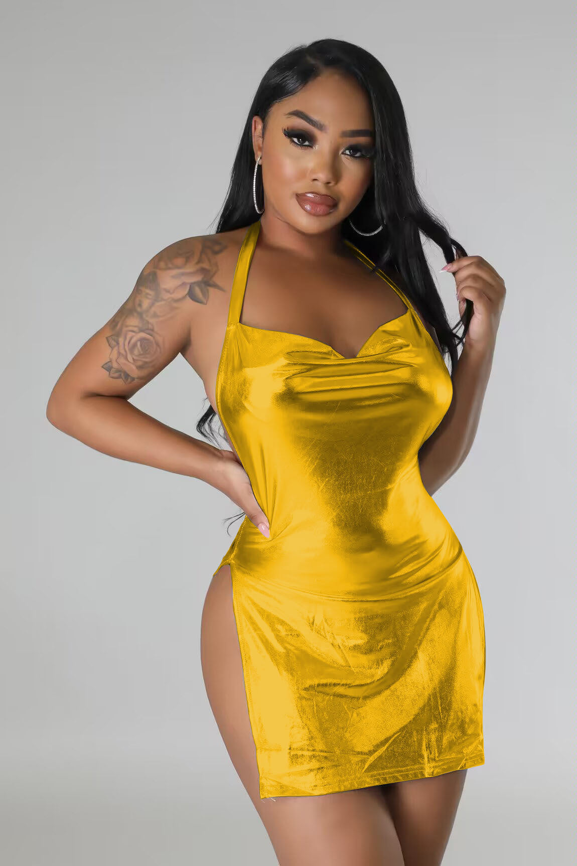 Women's Sexy Fashion Halter Neck Low Back Slit Faux Leather Dress 5