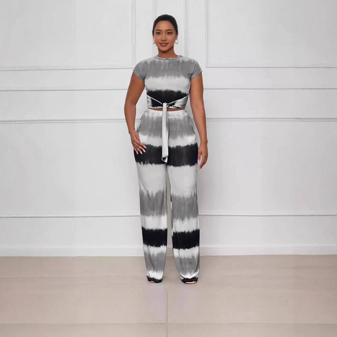 Women's Fashion Tie Waist Open Waist Top Sexy Straight Pants Gradient Color Outfit Set 7