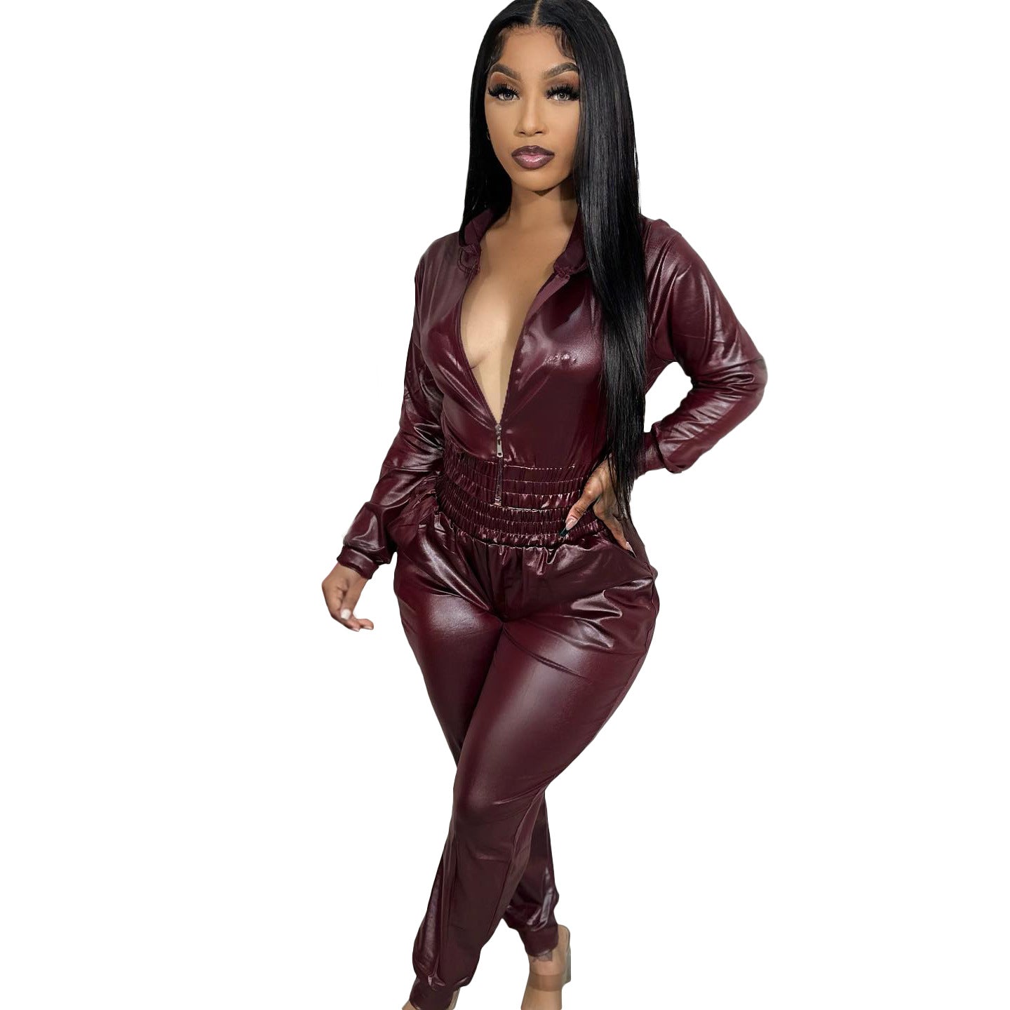 Fashionable And Sexy Pu Leather Casual Two-Piece Suit