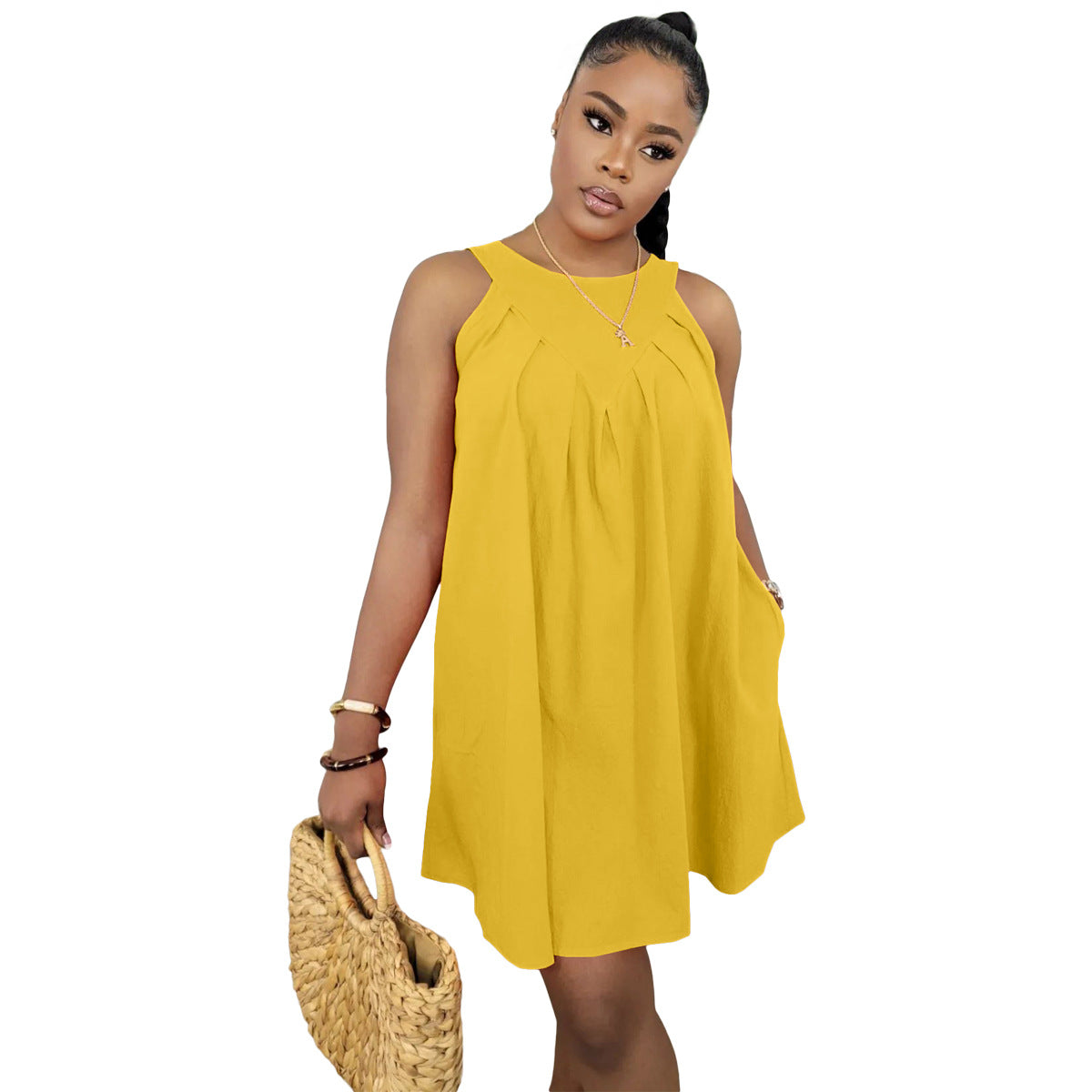 Women Summer Solid Color Sleeveless Loose Dress with Pockets 15