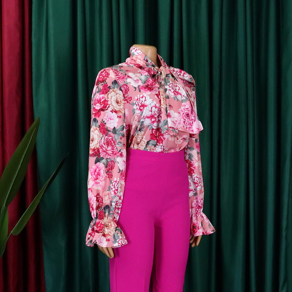 Women's Fashion Chic Slim Fit Printed Lace-Up Plus Size African Shirt 17