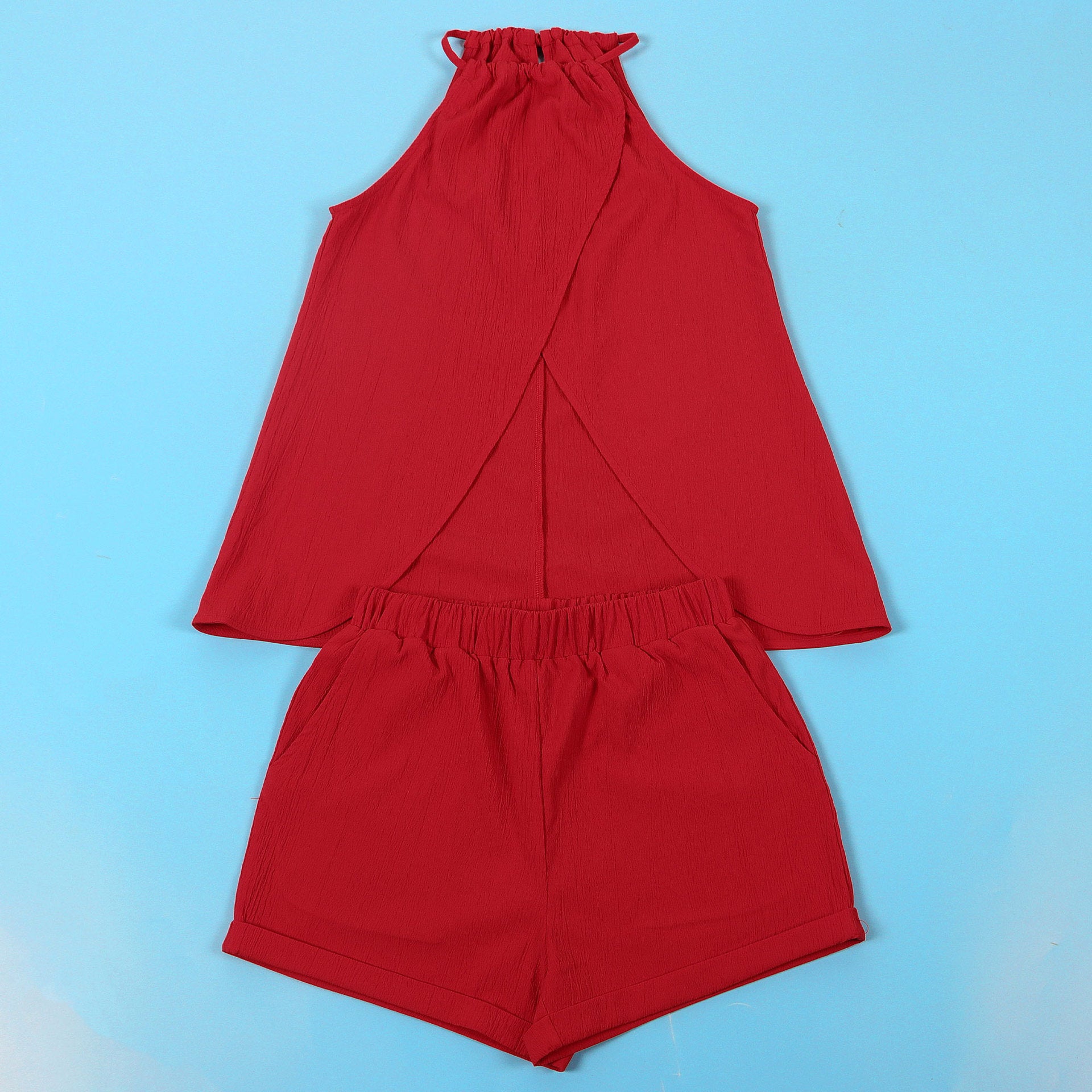 Women sexy solid slit halter neck lace-up sleeveless top and shorts two-piece set 20