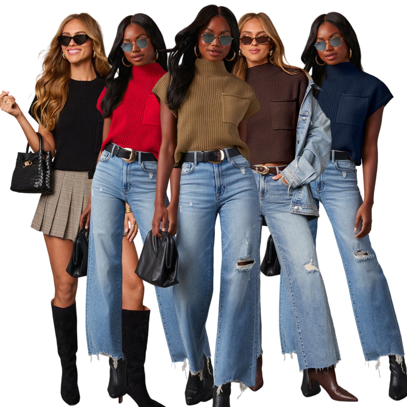 Women's Solid Color Knit Ribbed High-Neck Short Sleeve Top Sweater 20