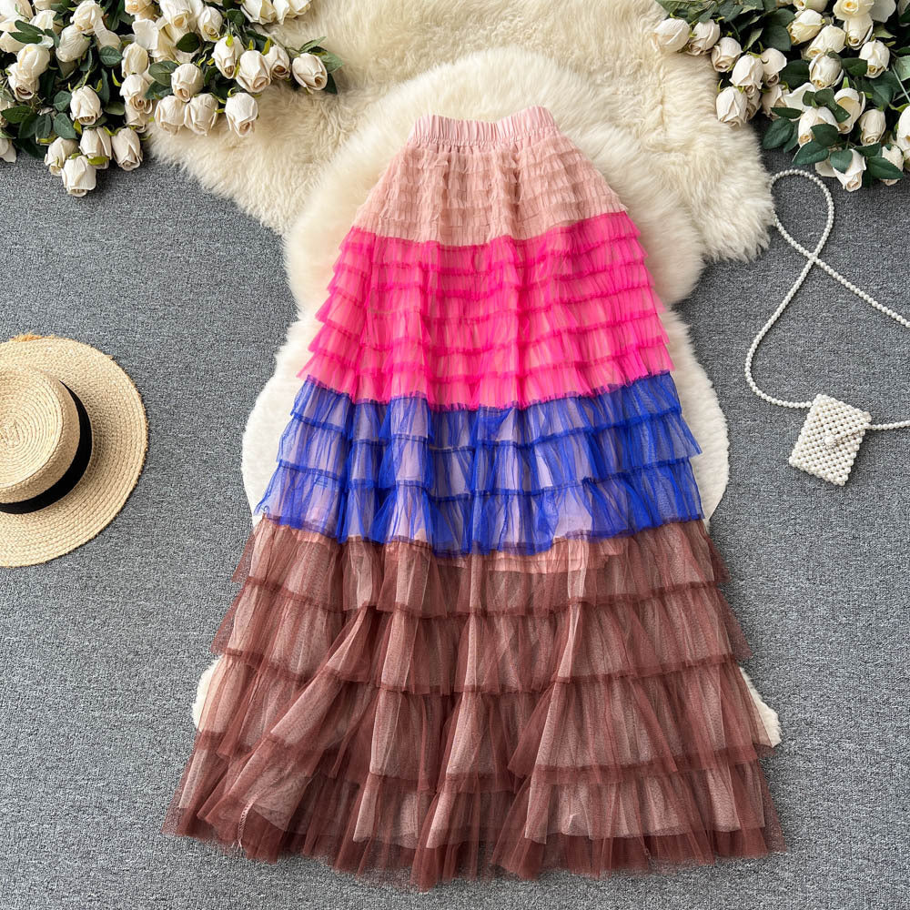 Women  Irregular Gradient Cascading Ruffles Puffy Mesh Skirt 5