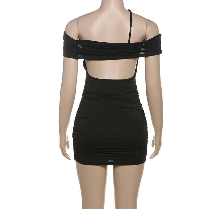 Winter Women's Sexy Off Shoulder Solid Color Pleated Bodycon Dress 10