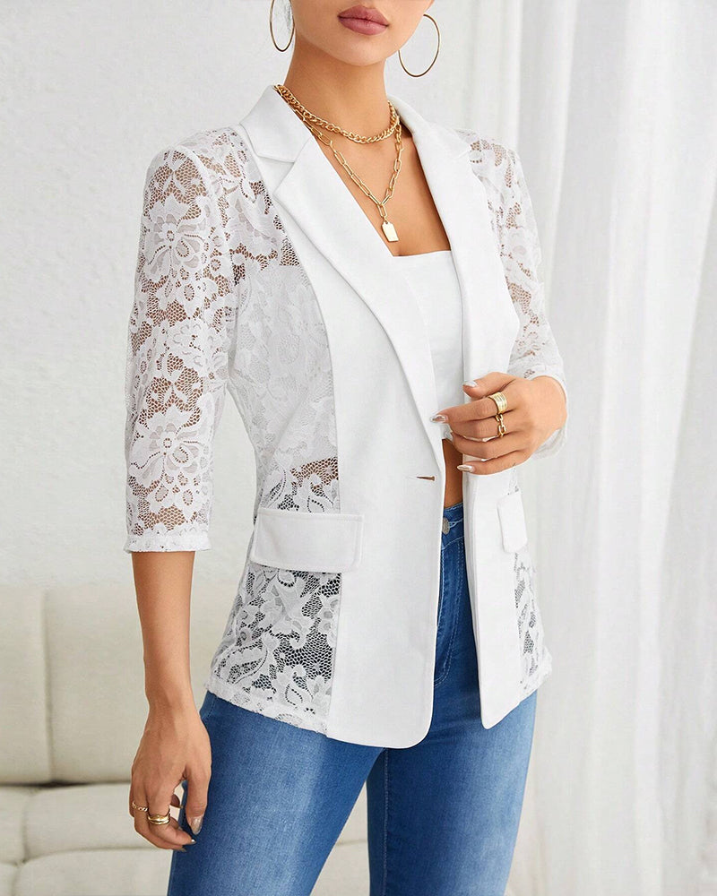 Women's Lace Patchwork Turndown Collar Half-Sleeve blazer 7