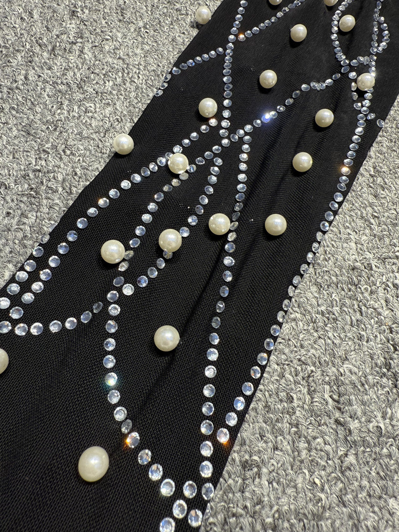 Women See-Through Sexy Beaded Pearl Contrast Long Sleeve Dress 17