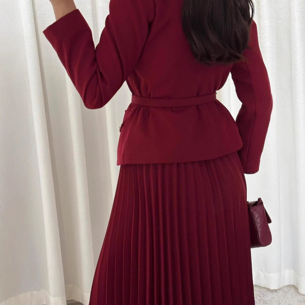 Women Button Blazer and Pleated Skirt Two Piece Set 9