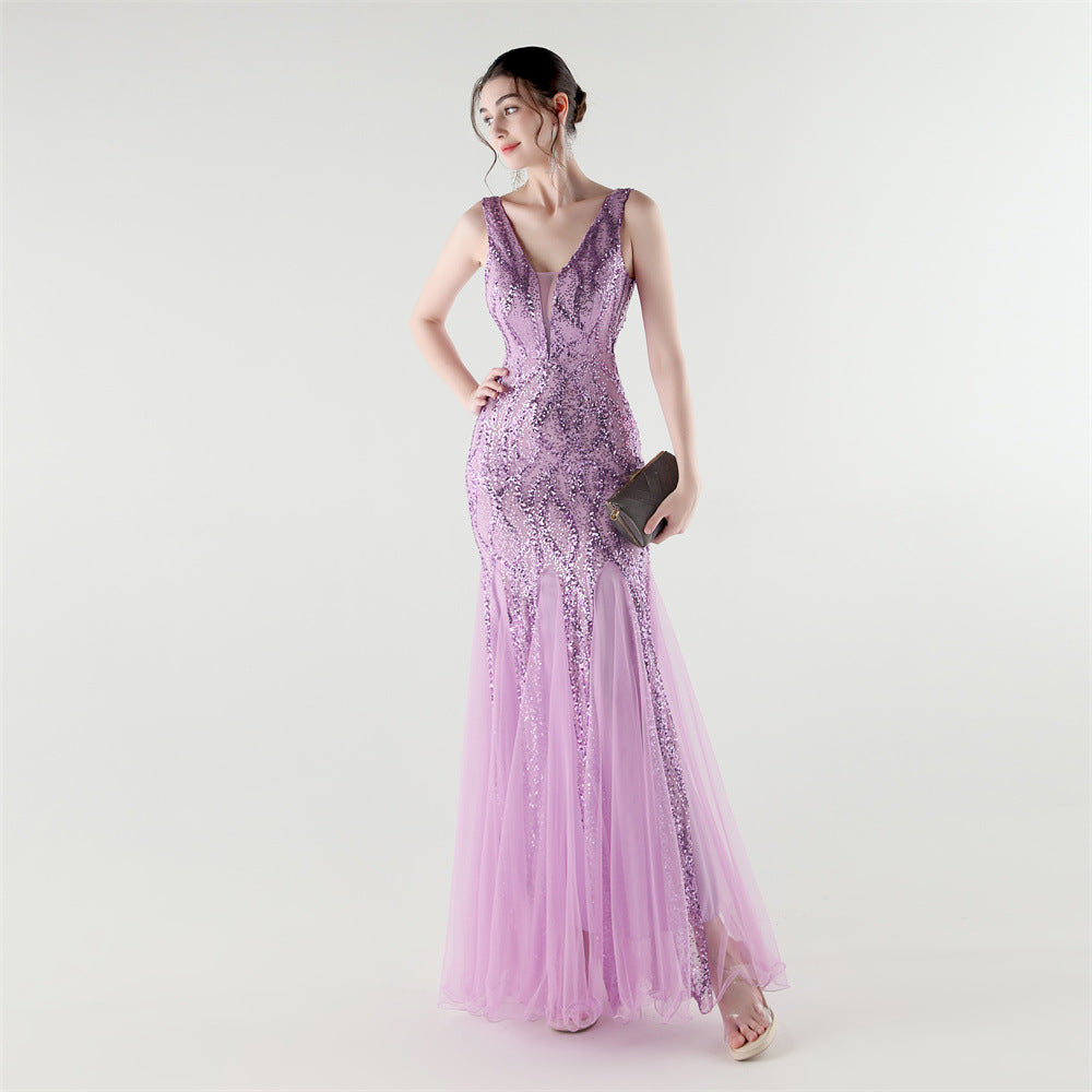 Deep V Neck Sequin Mesh Patchwork Fishtail Evening Dress for Formal Occasions 15