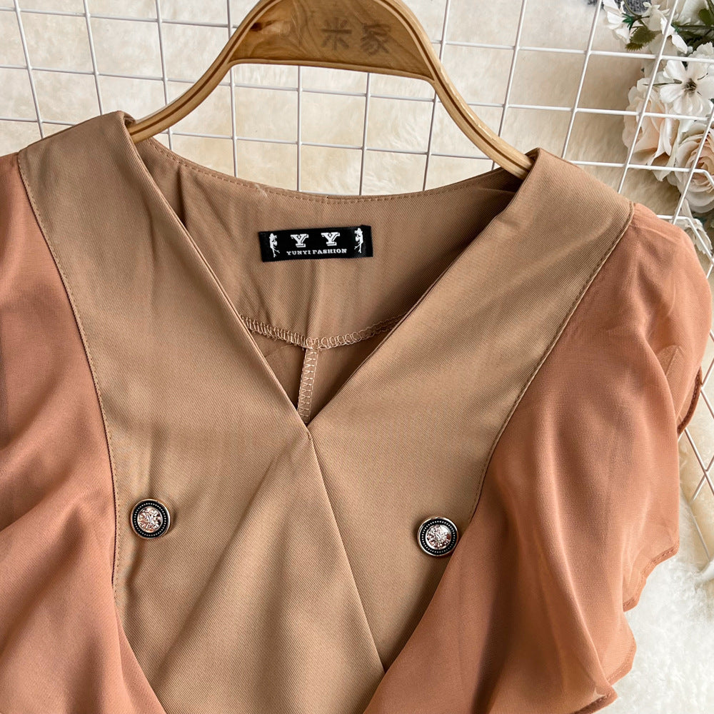 Women Contrast Color Flying Sleeve Collar Slit Pleated Dress 23