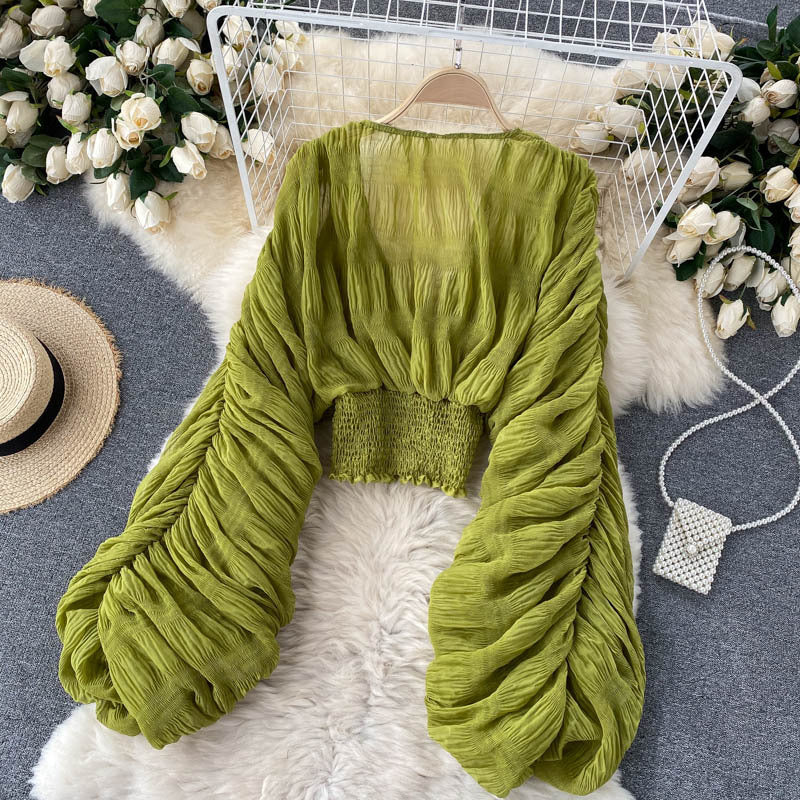 Pleated Puff Sleeves Slim Short Fashionable Chiffon Shirt Tops 42