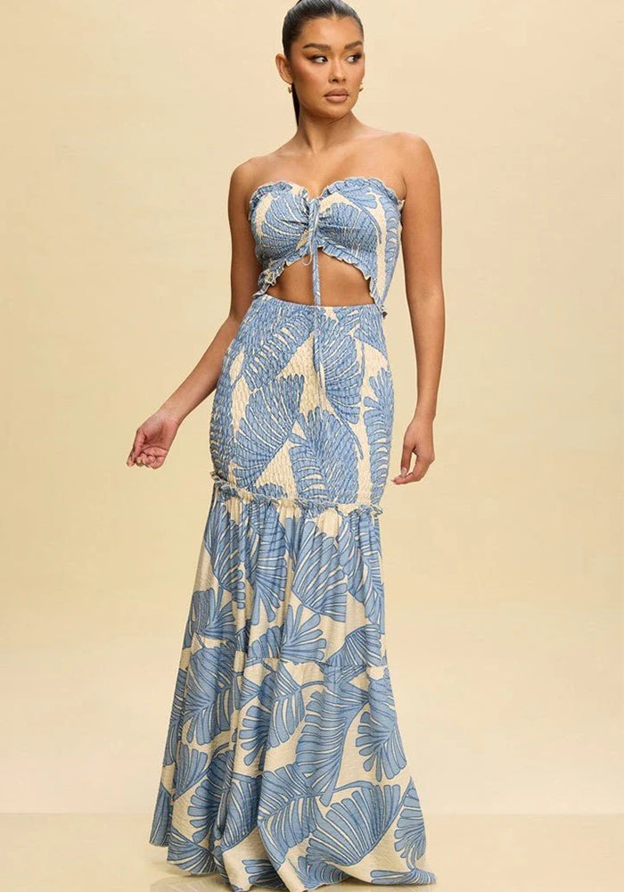 Women Printed Strapless Hollow Dress