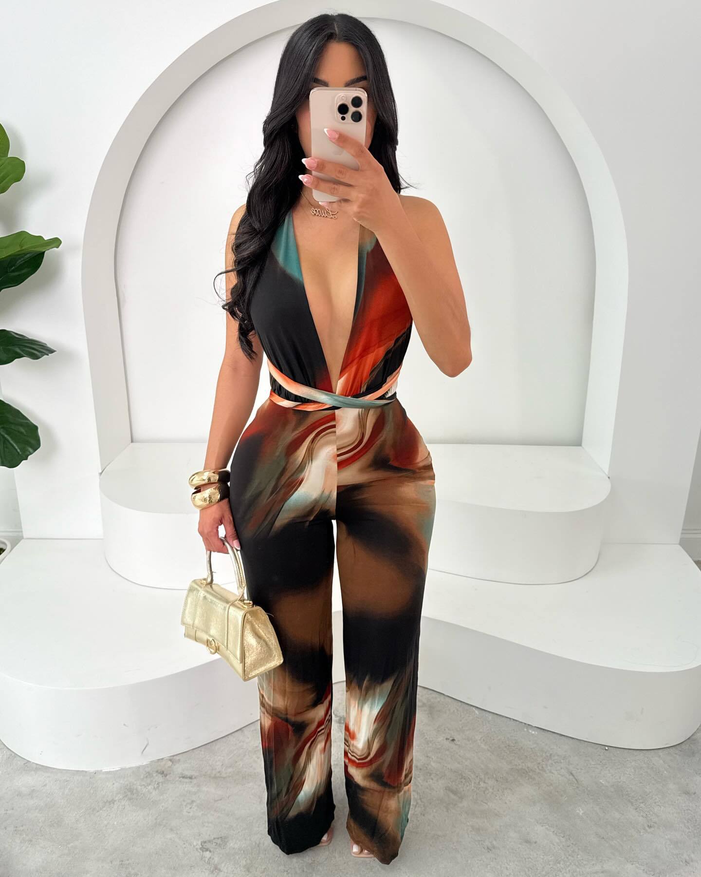 Women sexy print Backless Halter Neck Jumpsuits 3