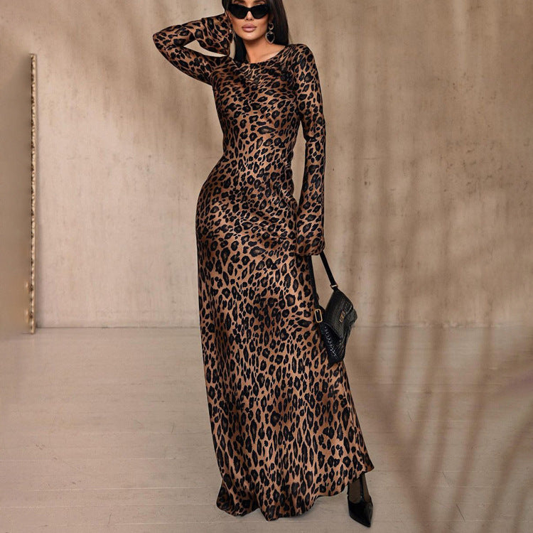 Round Neck Sexy Long Autumn Leopard Print High Waist Slim Dress