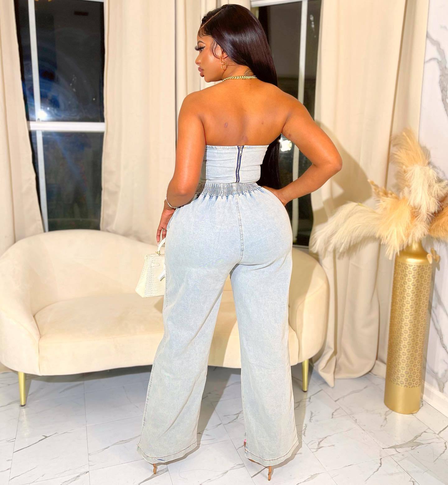 Summer Fashion Strapless Casual Stretch Denim Two-Piece Pants Set 4