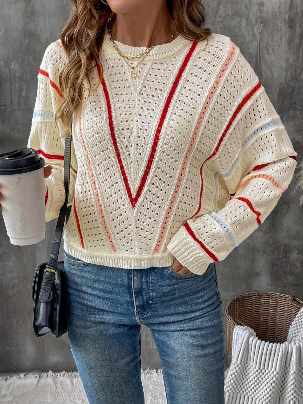 Autumn Winter Multi-Color Striped Sweater Round Neck Pullover Knitting Shirt 3