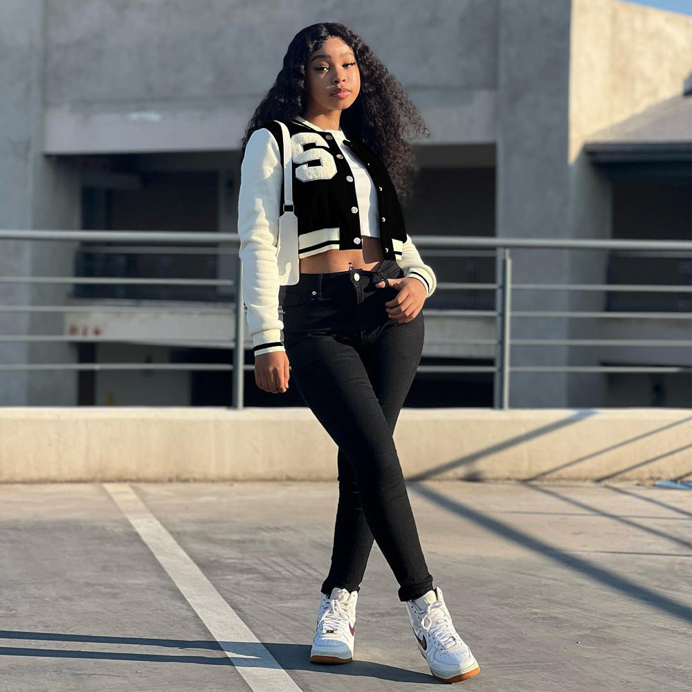 Women Solid Patchwork Letter Button Loose Baseball Jacket