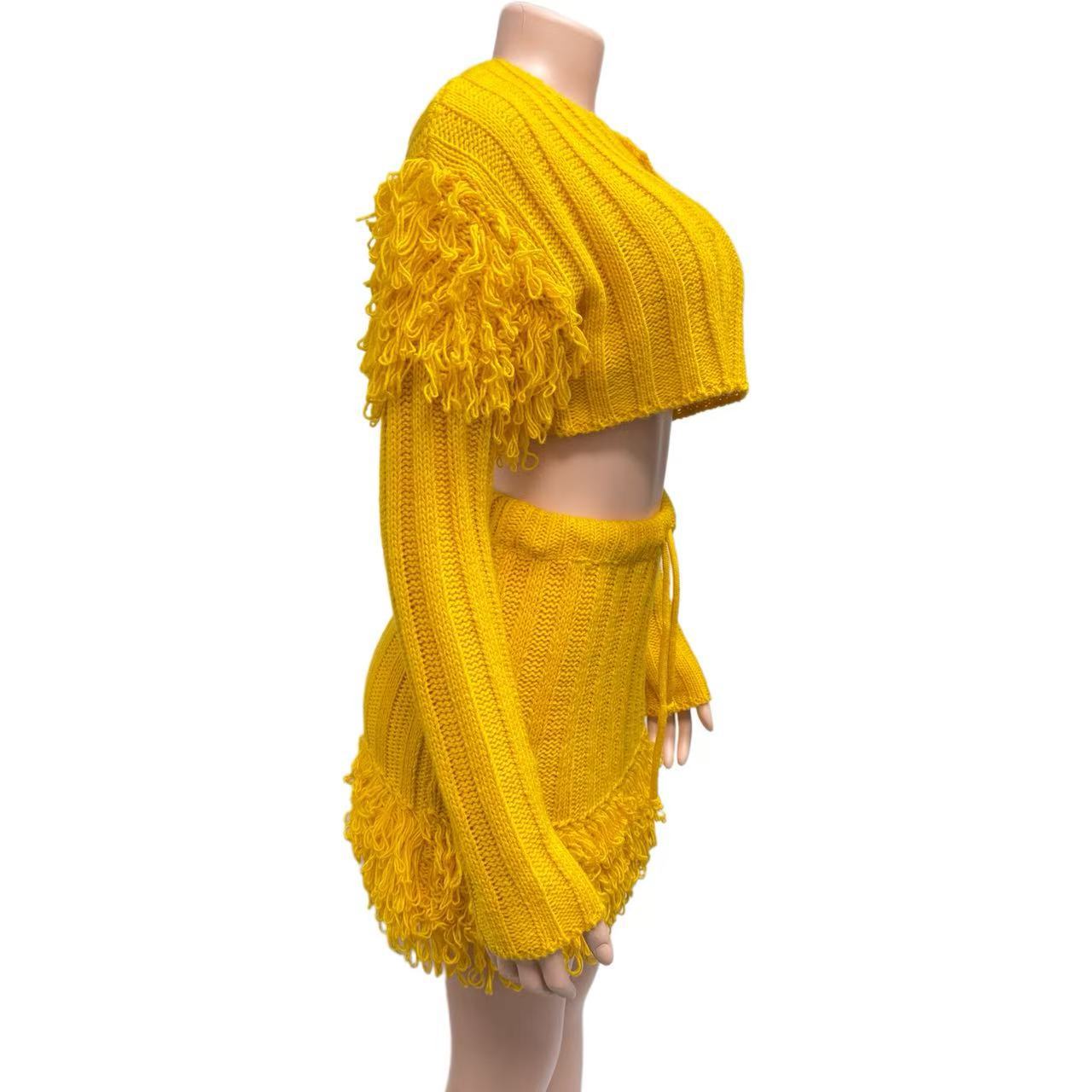 Women Casual Solid Long-Sleeved Tassel Crop Top and Skirt Two-Piece Set 8