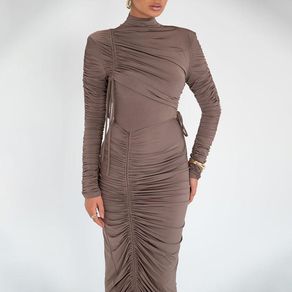 Women Long-sleeved Gathered Drawstring Lace-Up Sexy Dress 4