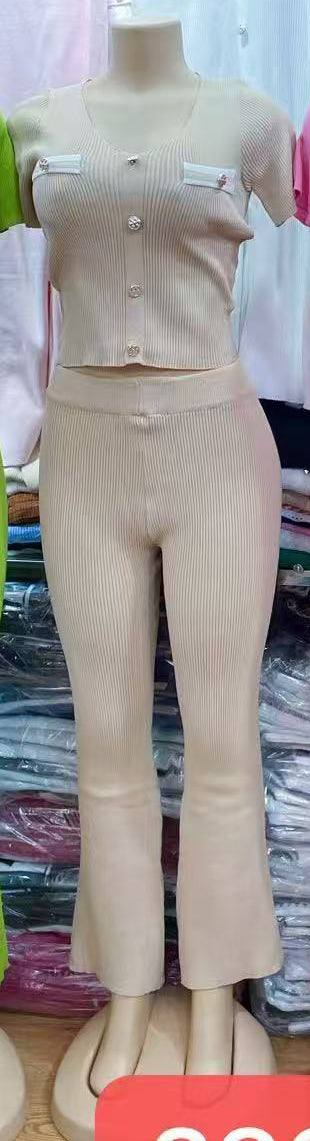 Knitting Women's Summer Outfit Slim Tight Fitting Short Sleeve Long Pants Set 3