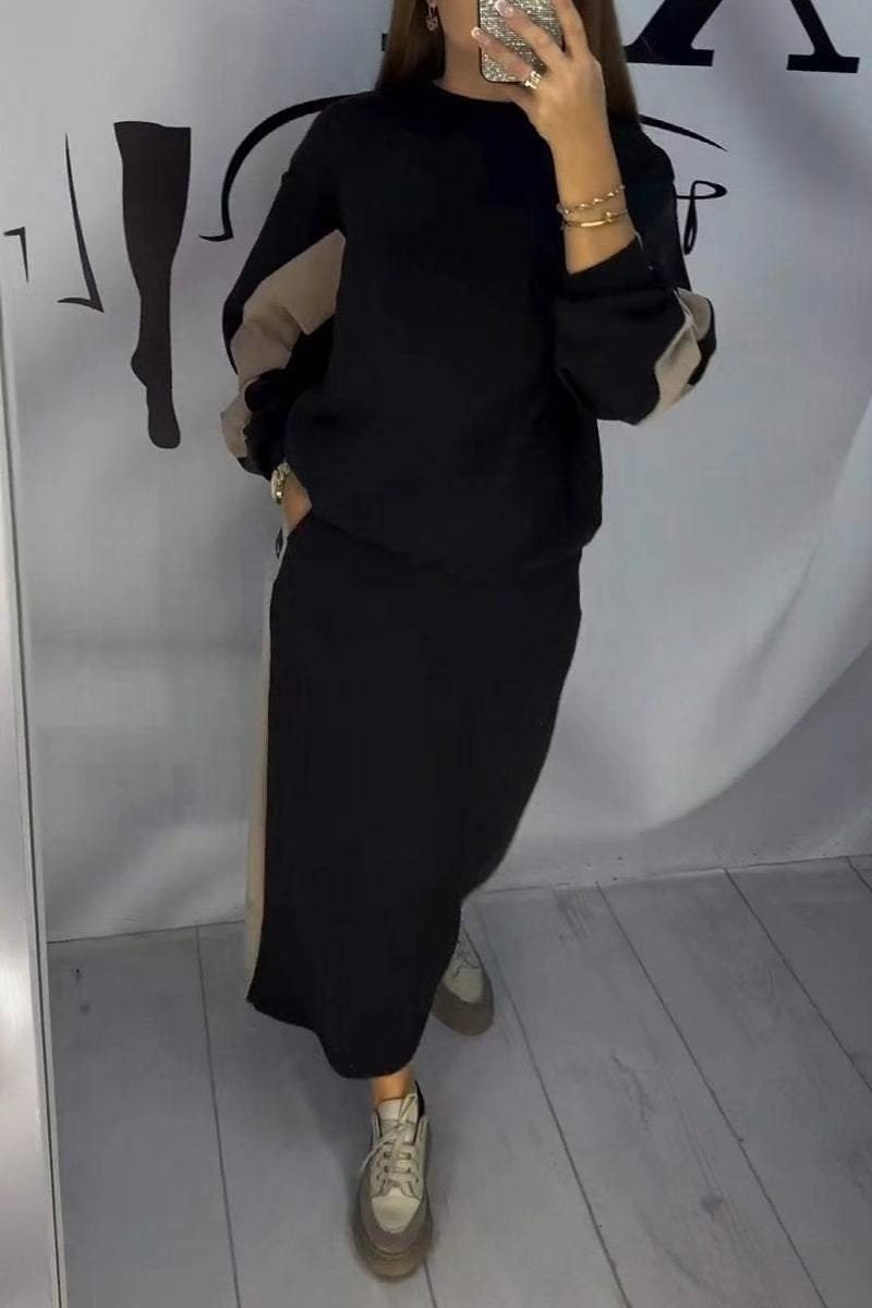 Autumn Fashion Color Matching Loose Casual Top Split Mid-Length Skirt Set For Women 3