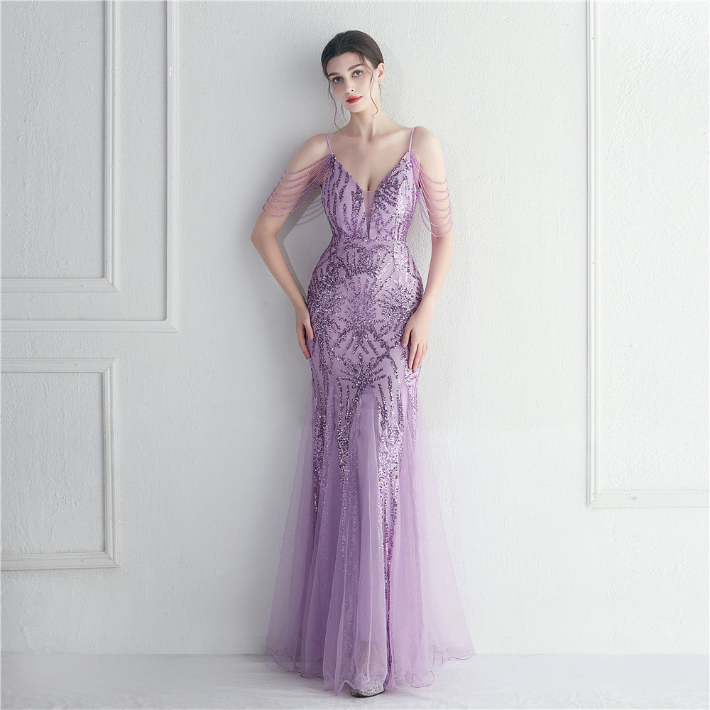 Sequins + Mesh + Beads Bridal Wedding Dinner Long Evening Dress