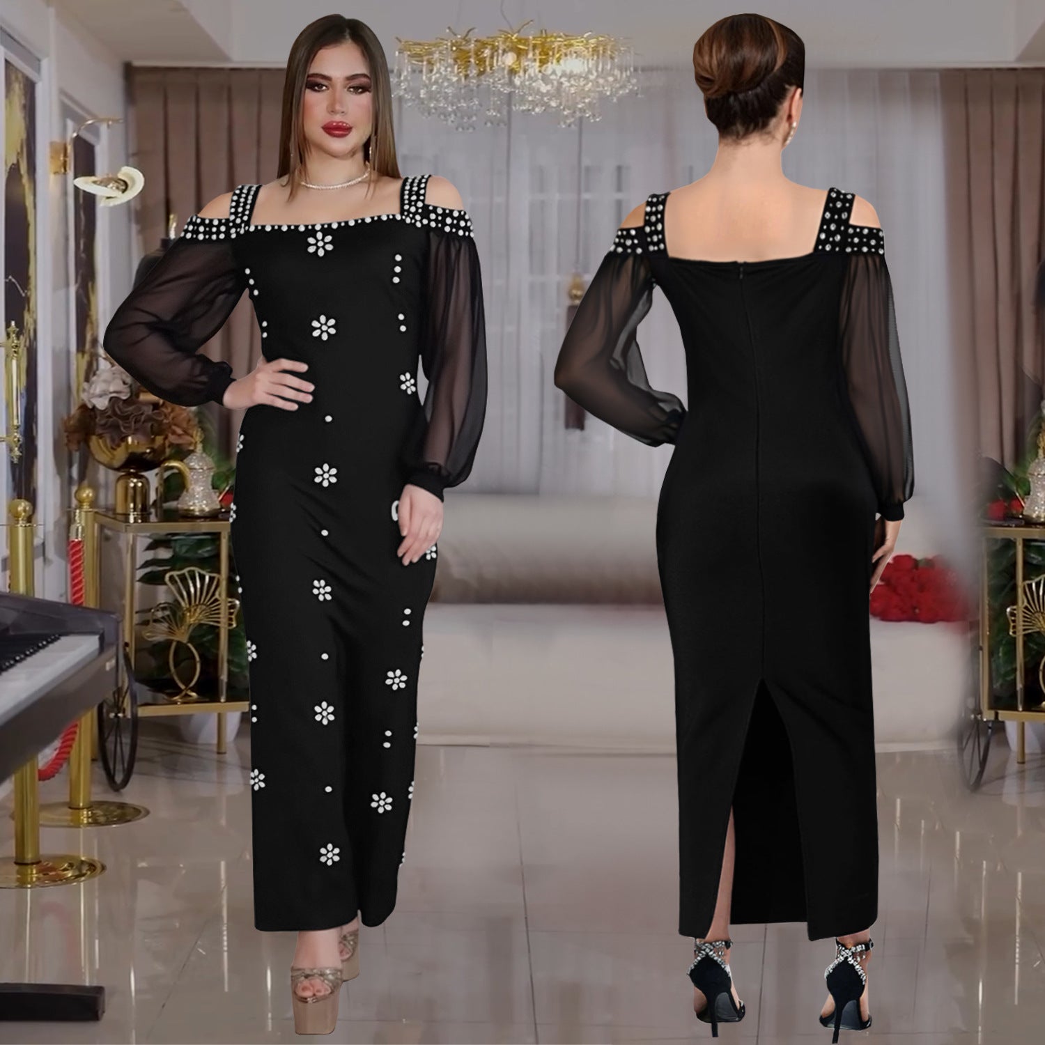 Fashion Women's Elegant Rhinestone Square Neck Mesh Slim Long Dress 3