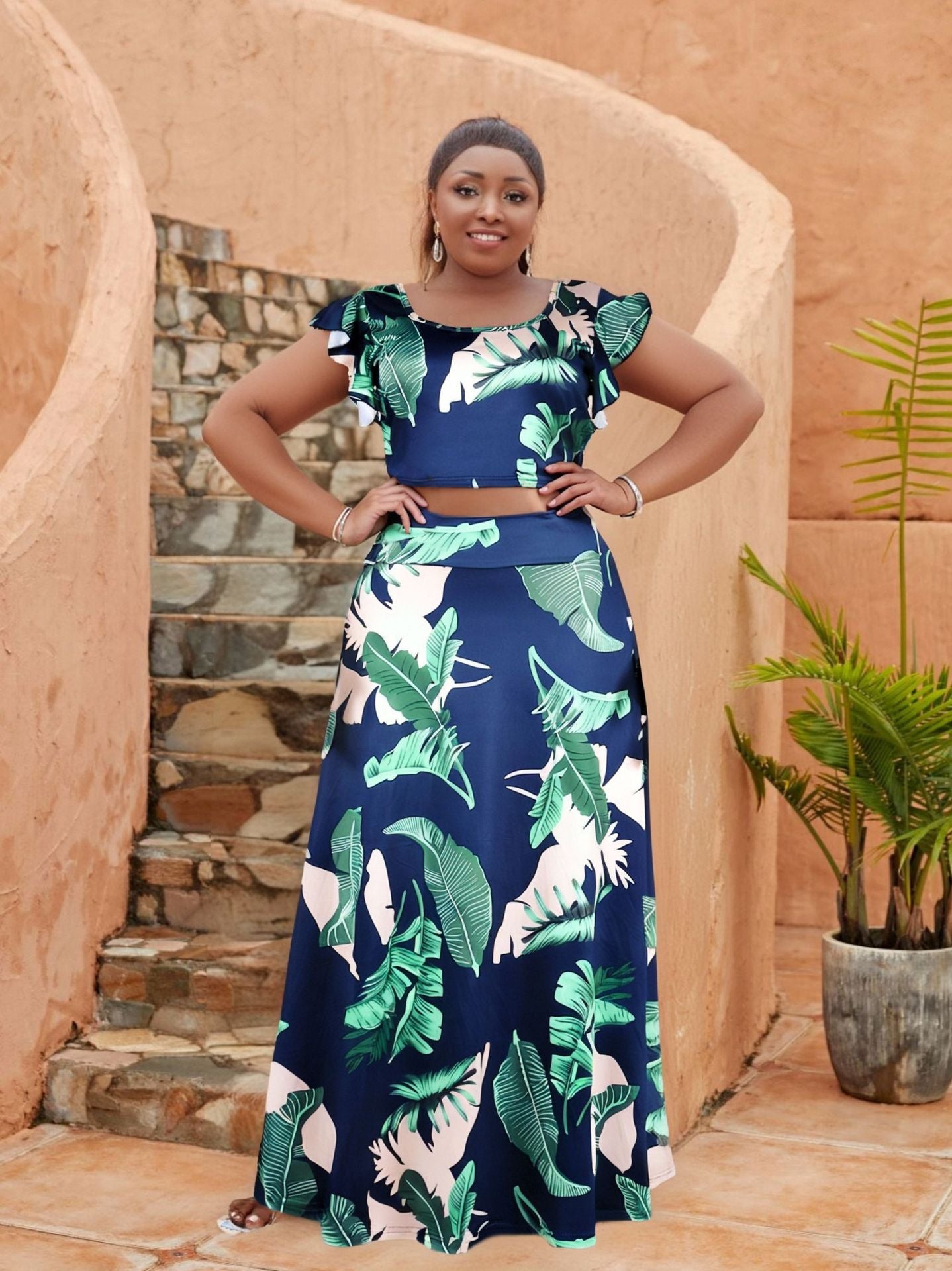 Plus Size Women Women Casual Ruffle Sleeve Printed Top and Long Skirt Two-piece Set 13