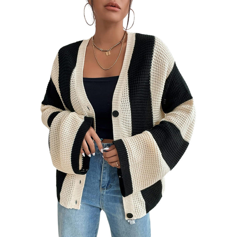 Fashionable Autumn And Winter Women's Striped Contrast Color Bell Bottom Sleeve Loose Knitting Cardigan 7