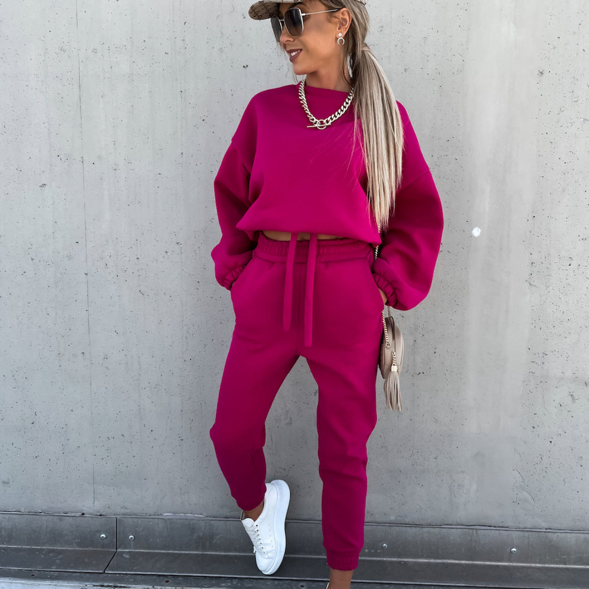 Women Casual Solid Hoodies and Pants Two-piece Set 12