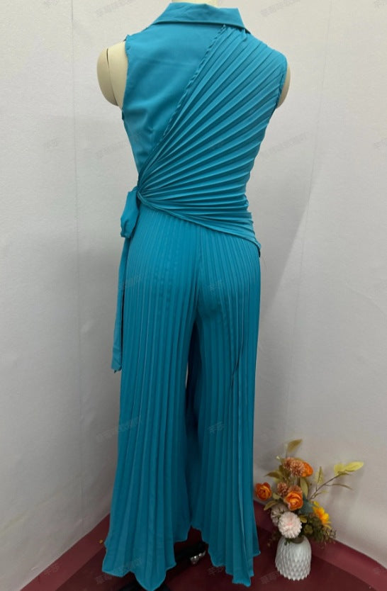 Women Summer Turndown Collar Solid Wide Leg Jumpsuit 7