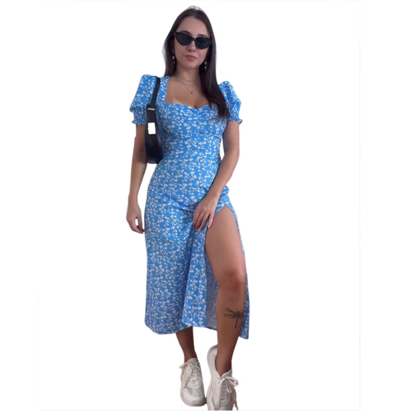 Women sexy square neck floral slit dress 6