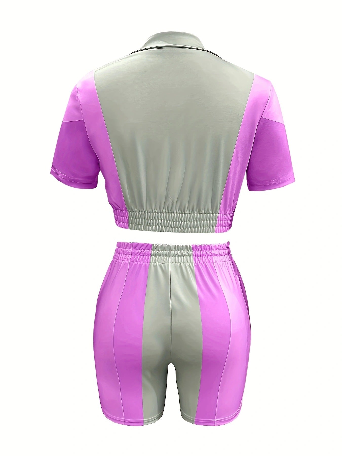 Spring and Summer Women's Zipper Elastic Short Sleeve Casual Drawstring Pocket Two-Piece Shorts Set 8