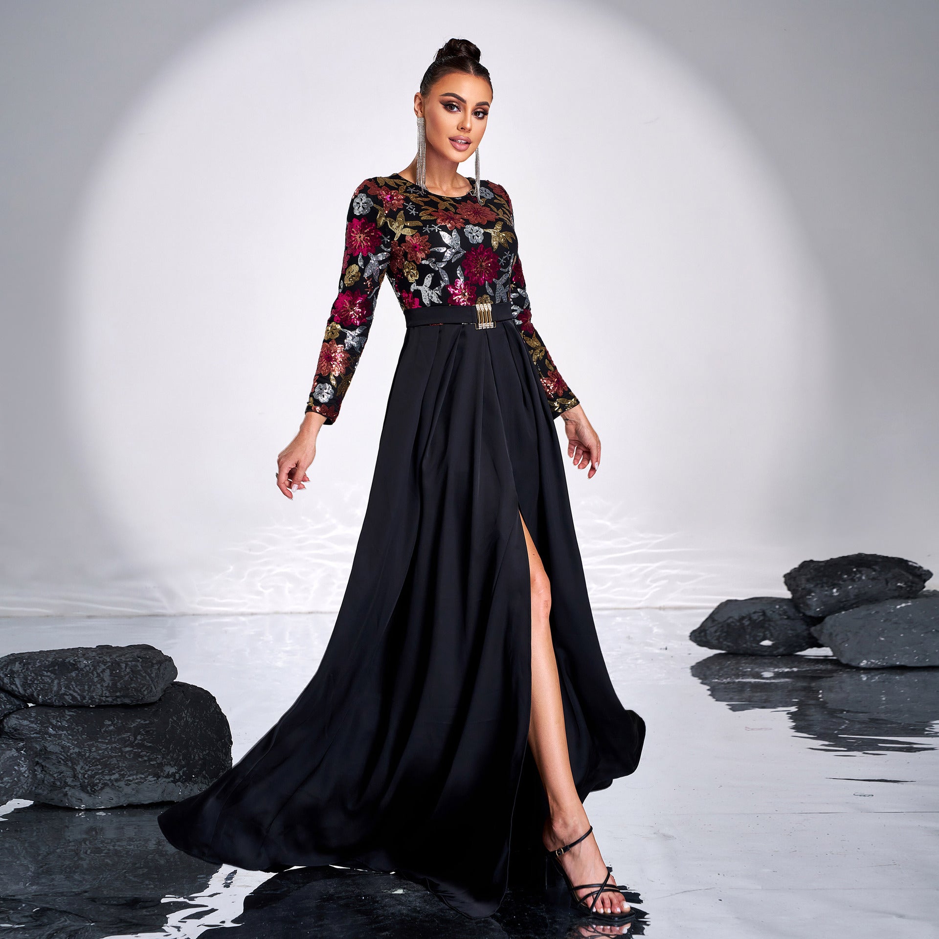 Long Sleeve Round Neck Long Sequin Formal Party Evening Dress Bridesmaid Dress 3