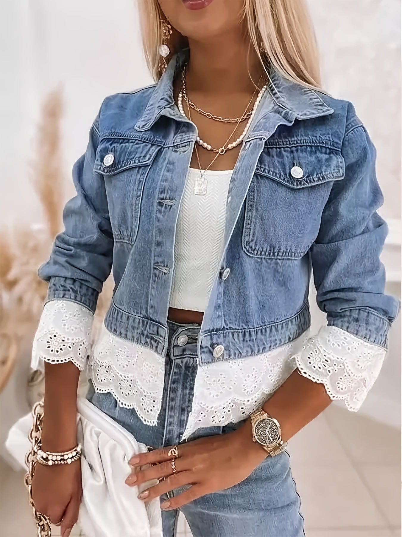 Women's Non-Stretch Multi-Layer Lace Trim Long Sleeve Denim Jacket