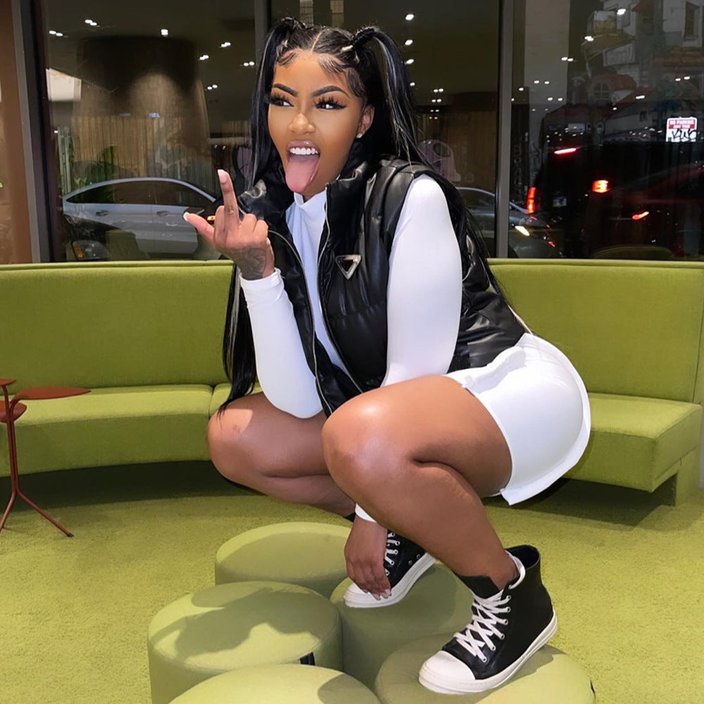 Women Winter Fashion Trend Pu Leather Cotton-Padded Vest 4