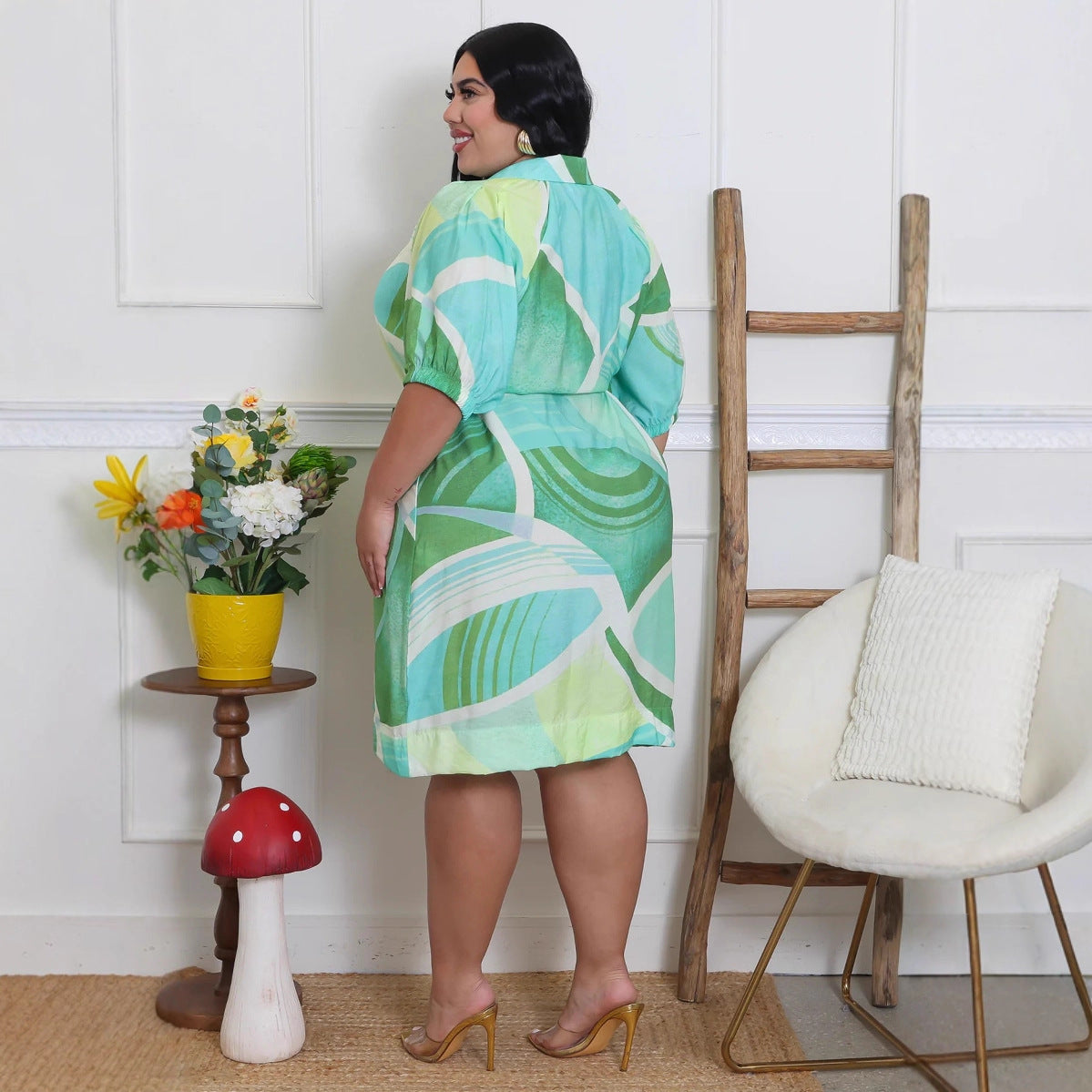 Women's Trendy Print Half-Sleeve Turndown Collar Plus Size Shirt Dress 5