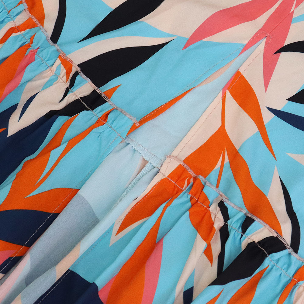 Women's Printed Puff Sleeve V-Neck Ruffle Long Dress 8