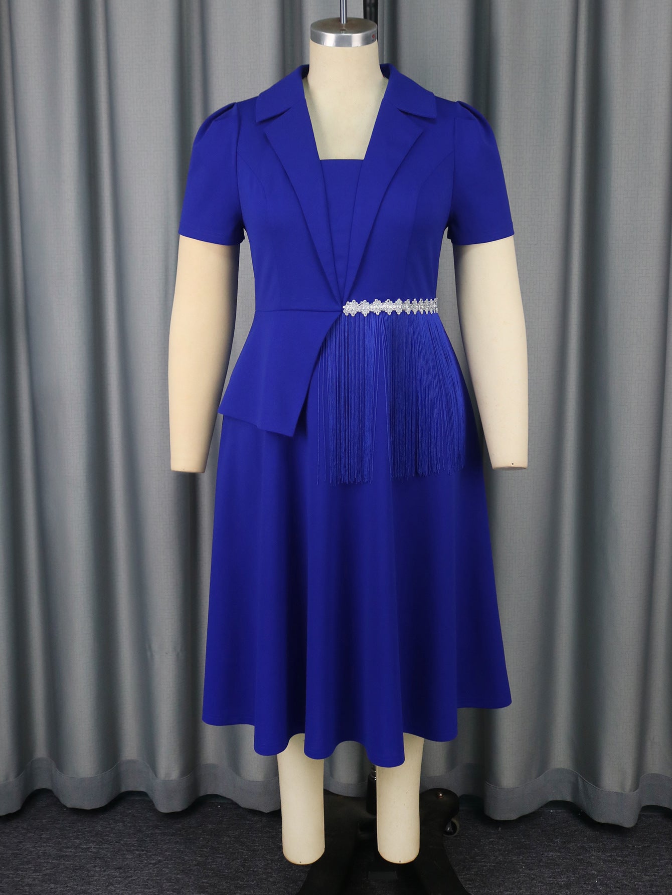 Plus Size Women Turndown Collar Irregular Tassel Blazer Dress 7