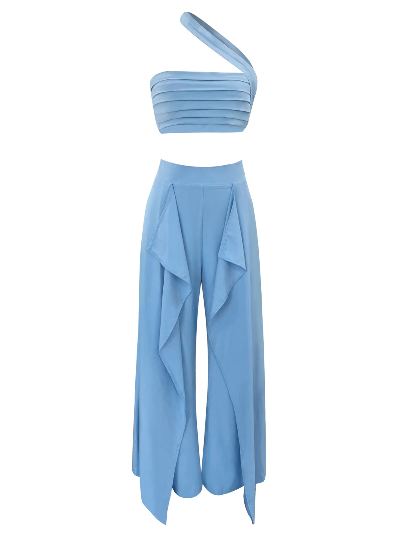 Solid Color Strapless Halter Neck Open Waist Crop Top High Waist Trousers Two Pieces Set 4