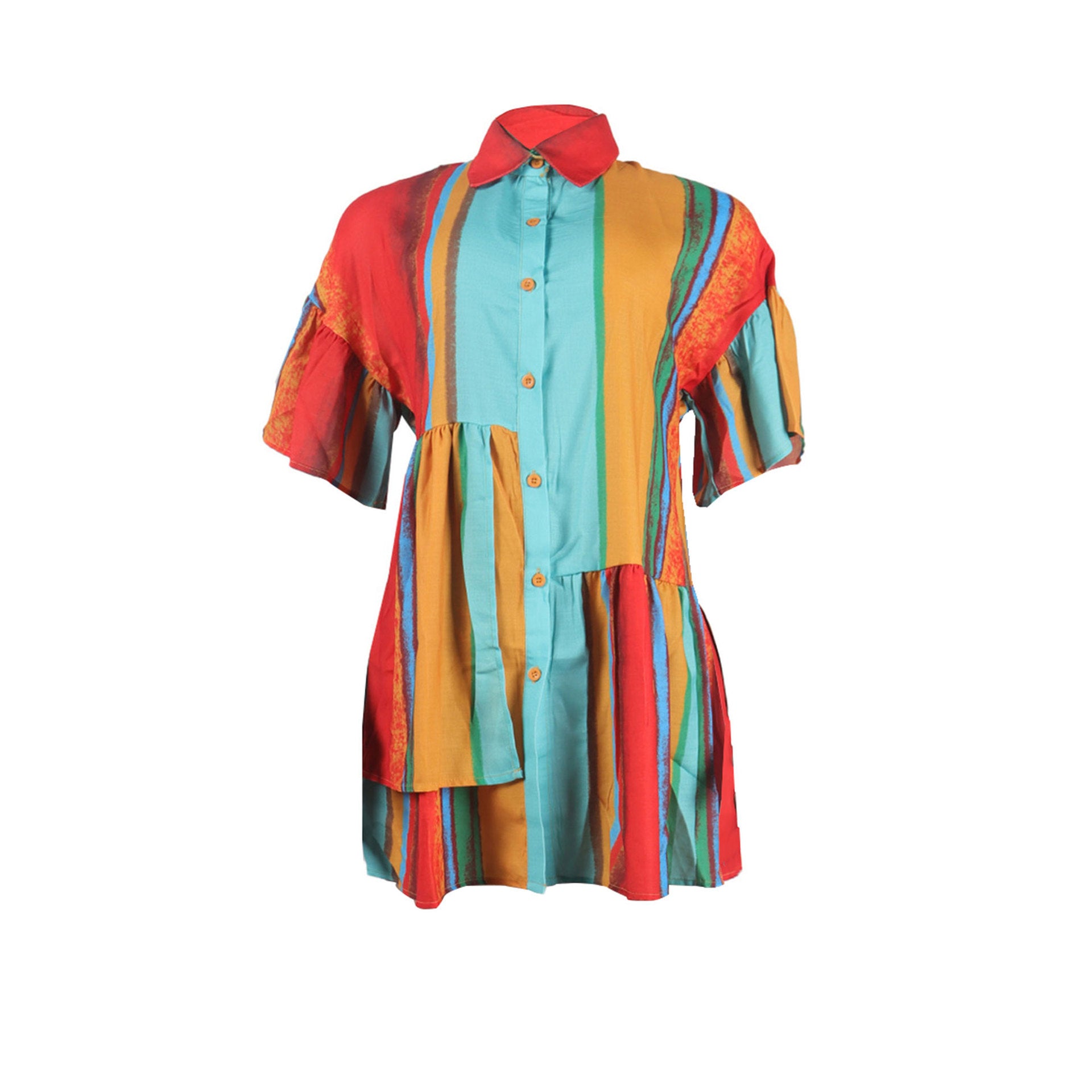 Women Loose Printed Multi-Color Top Short Sleeve Shirt Dress 9