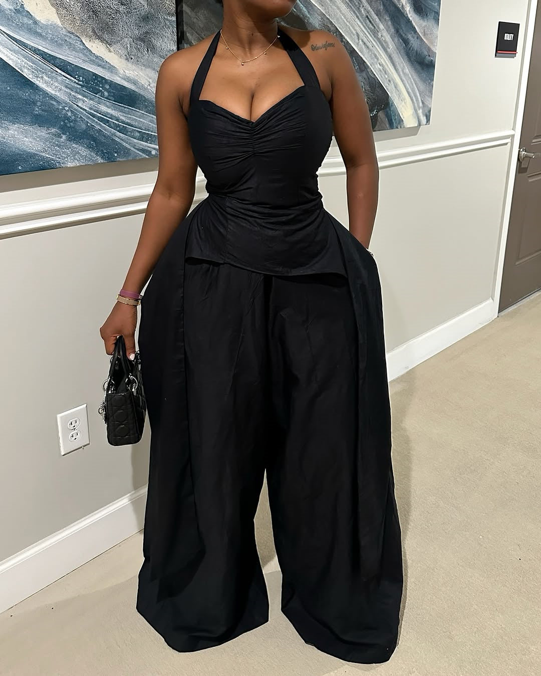 Women Summer Sexy Halter Neck V-Neck Irregular Sleeveless Top Pants Two Piece Set