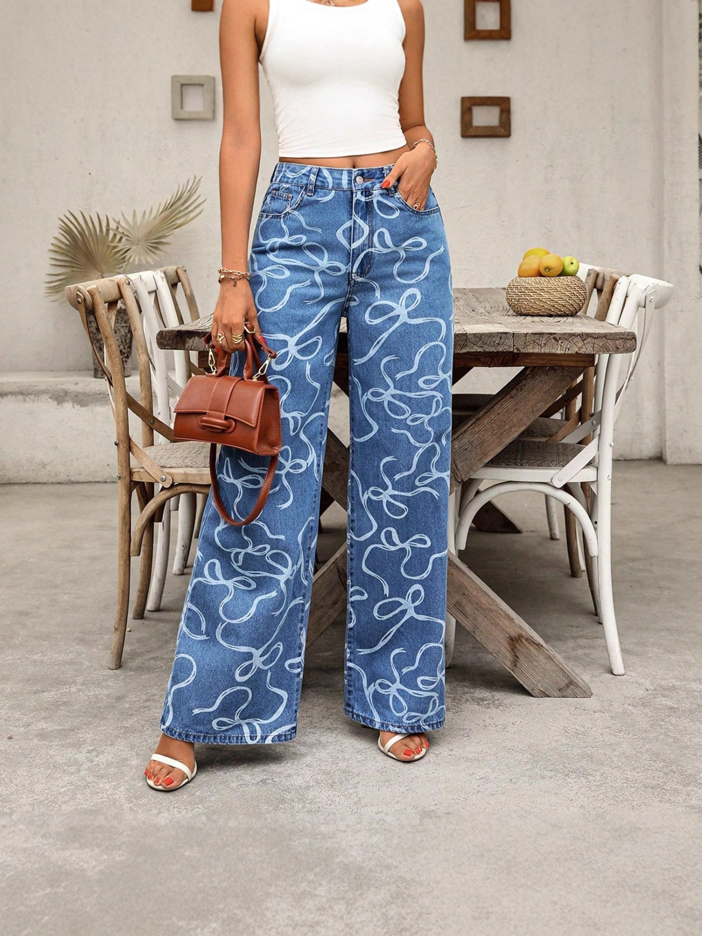 Women Casual Printed Denim Wide-Leg Pants 5