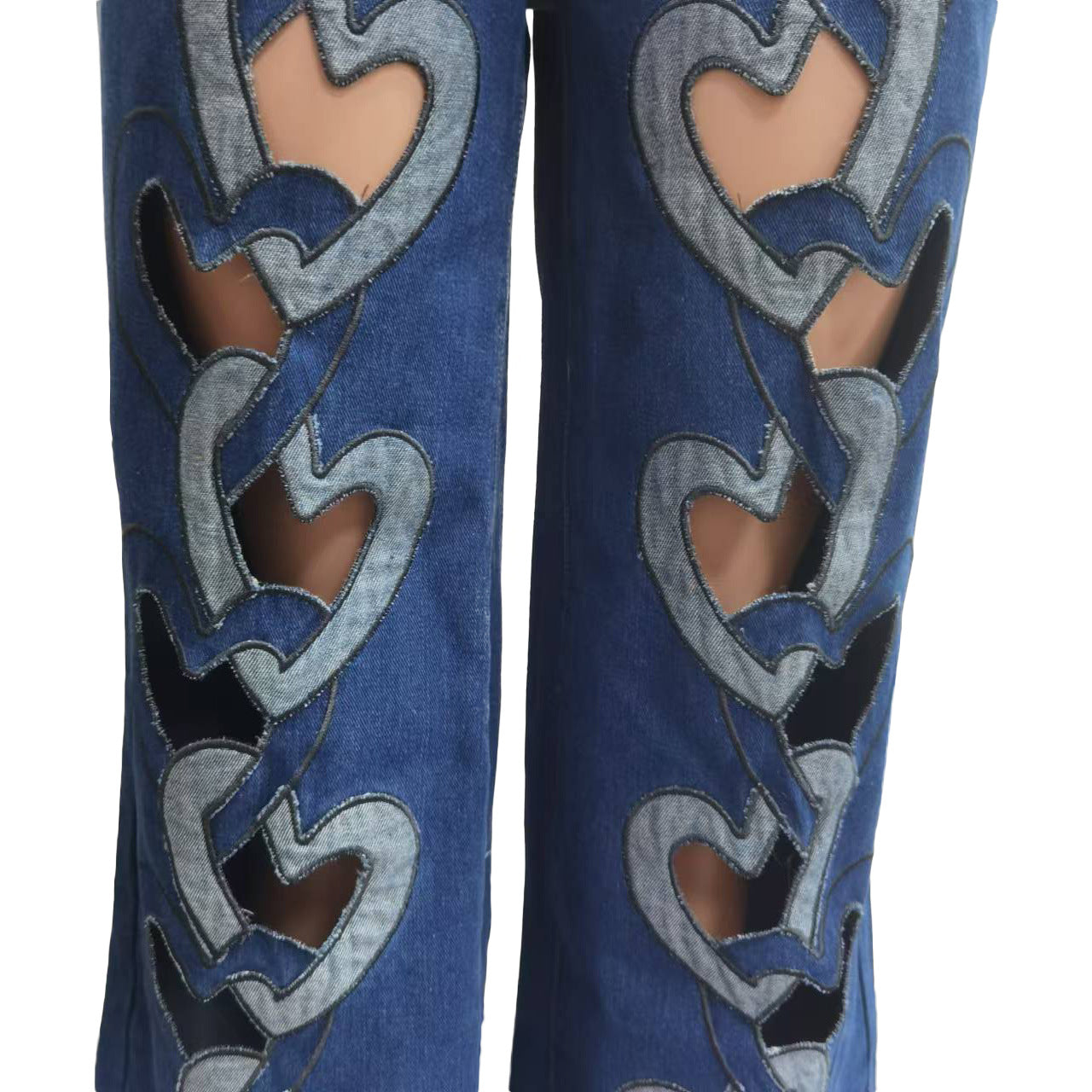 Women Stretchy Hollow Embroidery Heart Print Denim Pants 9